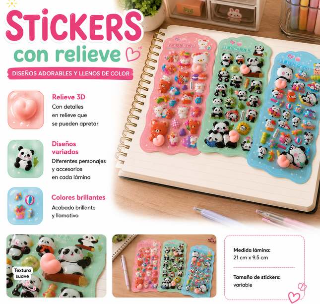 12 Planillas de Stickers Cute 3D $8.5 c/u
