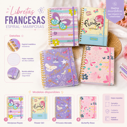 3 Libreta Mariposas Pasta Dura y Doble Espiral Rayada $40 c/u