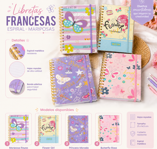 3 Libreta Mariposas Pasta Dura y Doble Espiral Rayada $40 c/u