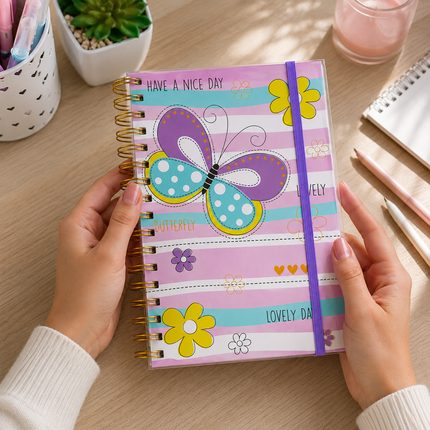 3 Libreta Mariposas Pasta Dura y Doble Espiral Rayada $40 c/u