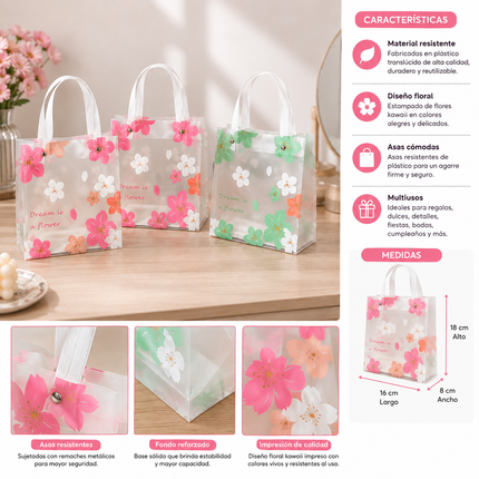 12 Bolsas Flores Plastificadas Boutique con Asa $11.5 c/u