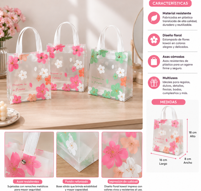 12 Bolsas Flores Plastificadas Boutique con Asa $11.5 c/u