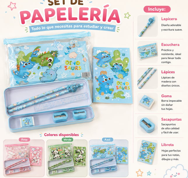 3 Sets Animalitos Papeleria Lapicera, Libreta, Estuchera, Lapices, Goma y Sacpuntas $35 c/u