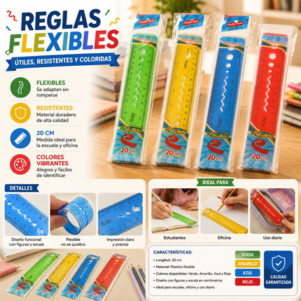 12 Regla 20cm Flexible Colores $4.5 c/u