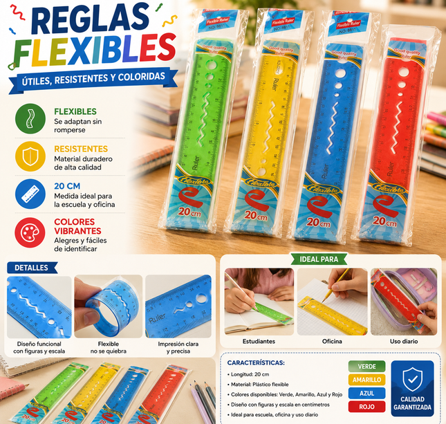 12 Regla 20cm Flexible Colores $4.5 c/u