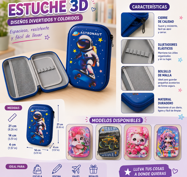 3 Lapicera/Estuchera 3D Infantil Grande $50 c/u