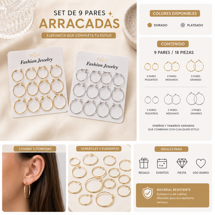 6 Sets de 9 Arracadas Platedas y Doradas $24 c/u