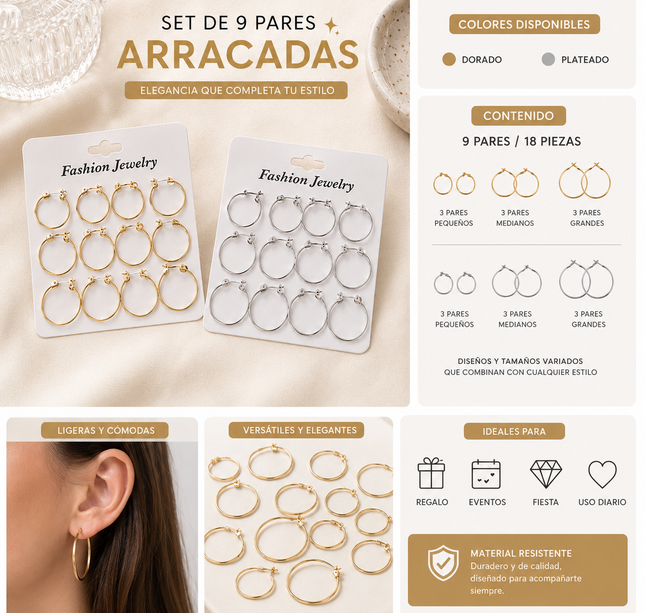 6 Sets de 9 Arracadas Platedas y Doradas $24 c/u