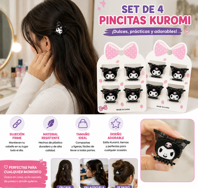 Exclusivo Tienda en linea 💥💎 12 Sets de 4 Pincitas Kuromi Cabecita Hermosas $13.5 c/u