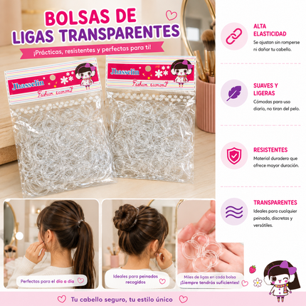 Exclusivo Tienda en linea 💥💎12 Bolsas de Ligas Transparentes para Cabello $4.9 c/u