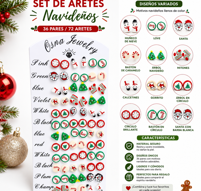 36 Pares Aretes Navideños $1.09 C/U