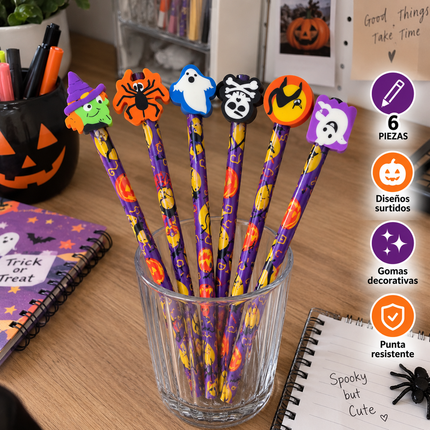 3 Set de 6 Lapices Halloween con Goma Figuras $30 c/u