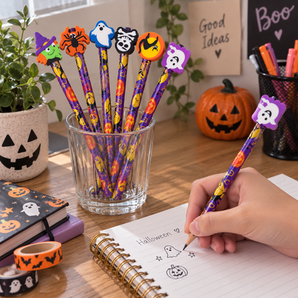 3 Set de 6 Lapices Halloween con Goma Figuras $30 c/u
