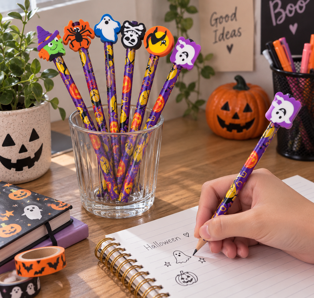3 Set de 6 Lapices Halloween con Goma Figuras $30 c/u