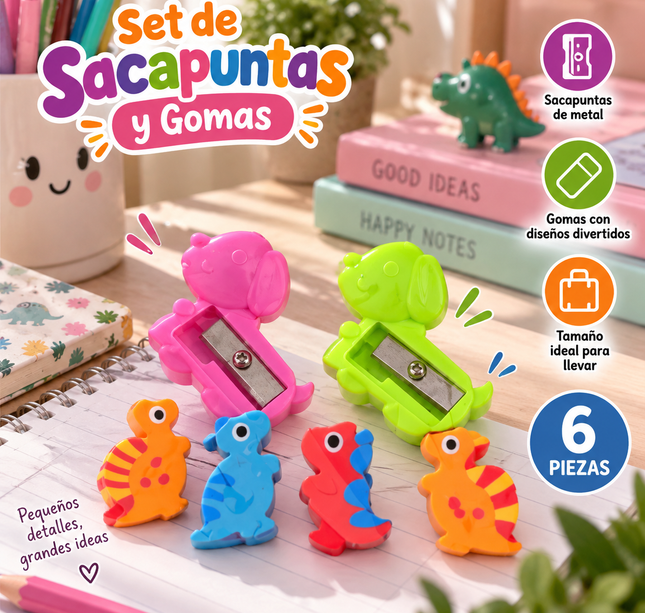 12 Sets de Sacapuntas Perritos y Gomas Dinosaurios $10.5 c/u
