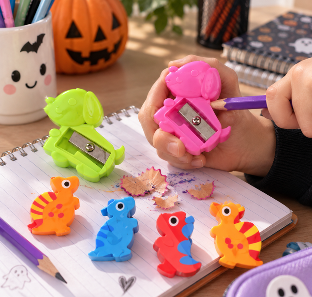 12 Sets de Sacapuntas Perritos y Gomas Dinosaurios $10.5 c/u