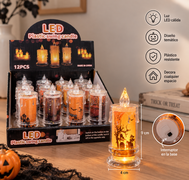 12 Velas Halloween Diamantadas con Decorado Led CH $11.9 c/u