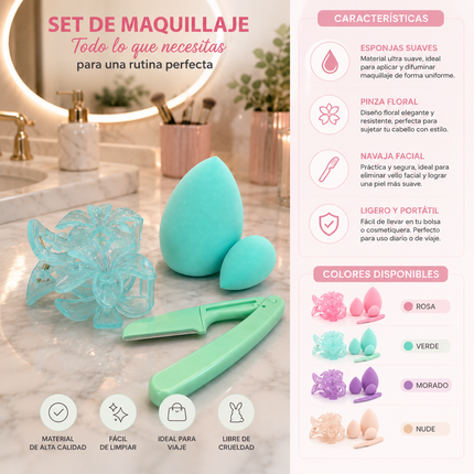 6 Set de Pinza Hawaina Doble con Esponjas y Perfilador $20 c/u