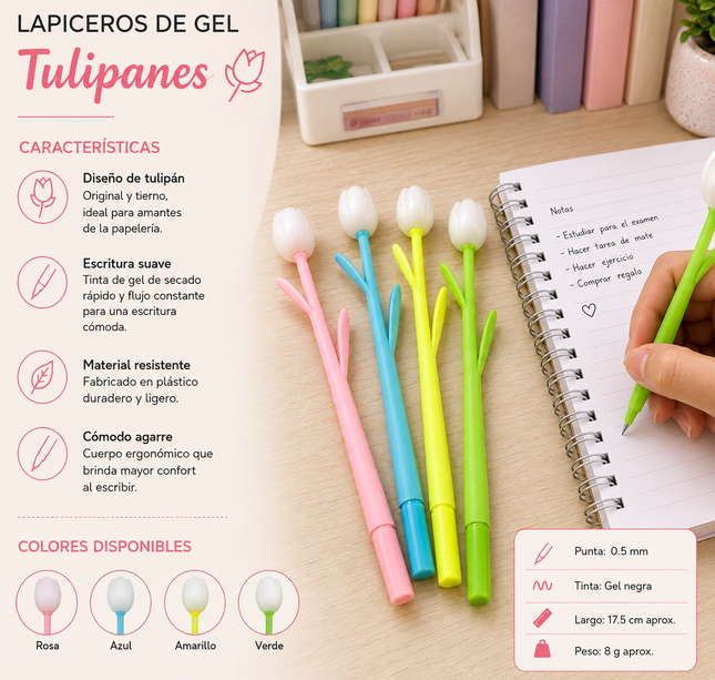 12 Lapiceros Tulipanes De Gel $5.5 c/u