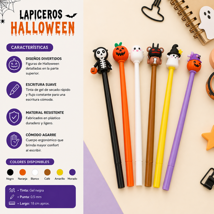 12 Lapiceros Gel Halloween con Figura 3D $5.9 c/u