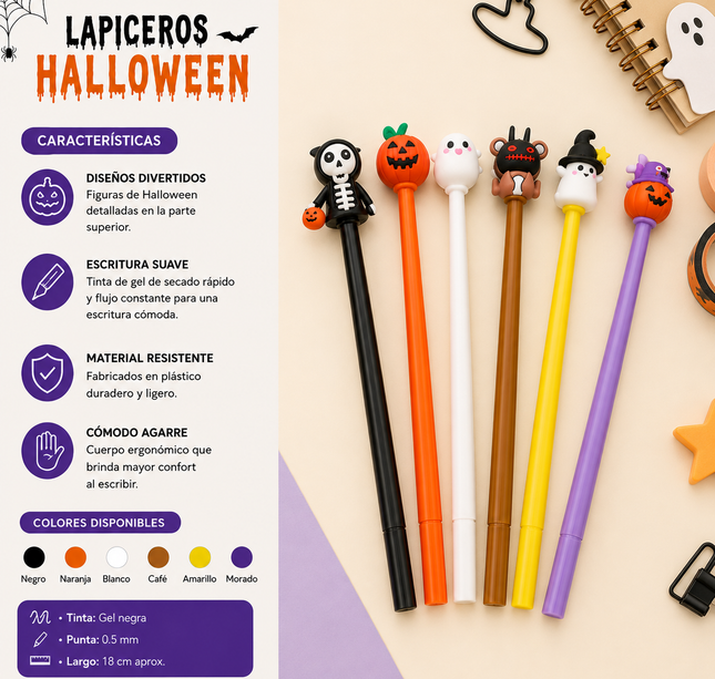 12 Lapiceros Gel Halloween con Figura 3D $5.9 c/u