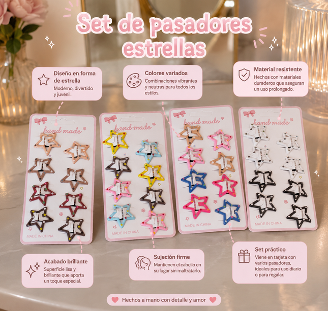12 Sets de 8 Estrellas Cucas Puntos para Cabello $8.9 c/u