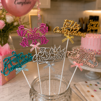 12 Cake Toppers "Feliz Cumpleaños" $8.9 c/u