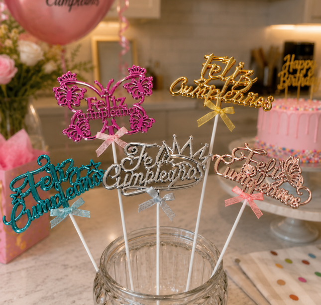 12 Cake Toppers "Feliz Cumpleaños" $8.9 c/u