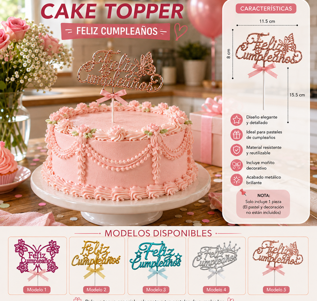 12 Cake Toppers "Feliz Cumpleaños" $8.9 c/u