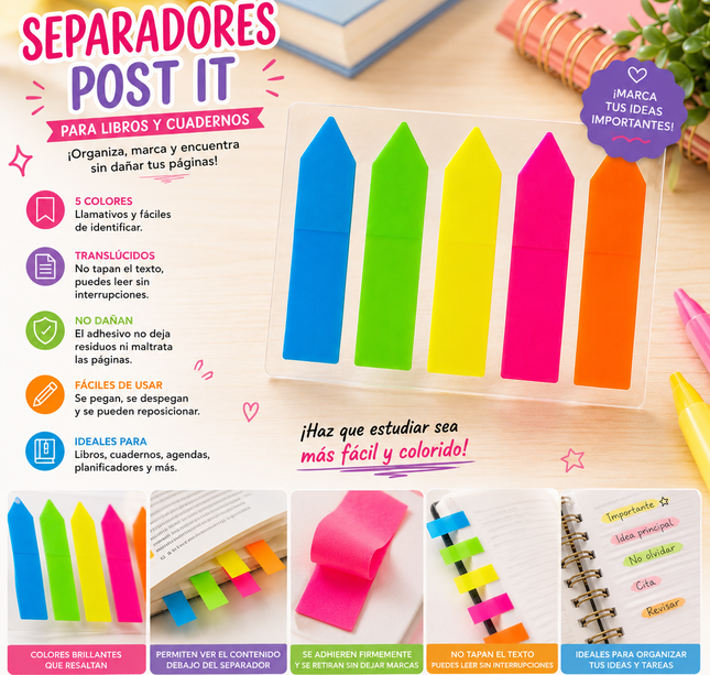 Exclusivo Tienda en linea 💥💎12 Separadores/Post Its de Colores Neón para Libros $6.5 c/u