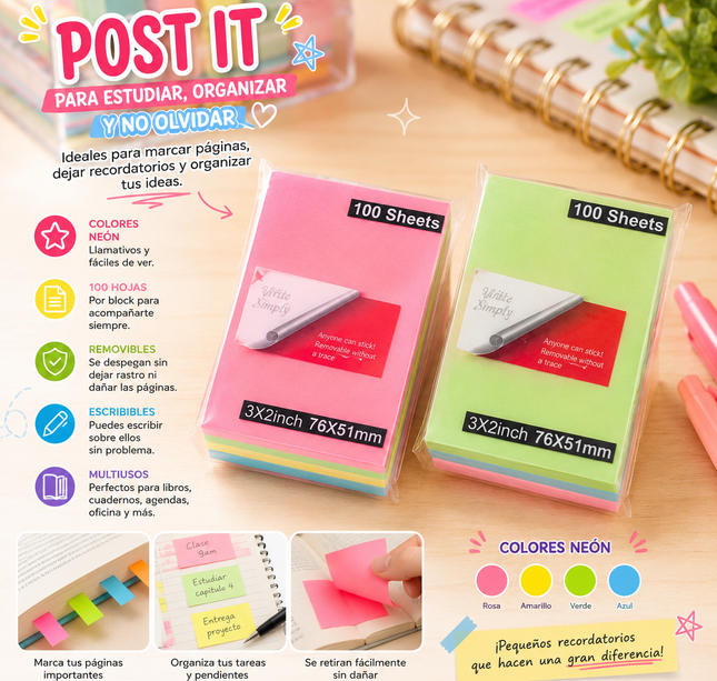 Exclusivo Tienda en linea 💥💎12 Bloques de Post Its Rentagulares 4 Colores $7.5 c/u