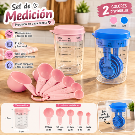 Exclusivo Tienda en linea 💥💎2 Vaso Medidor con Cucharas Medidoras Azul/Rosa $45 c/u