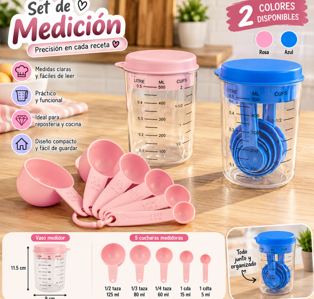 Exclusivo Tienda en linea 💥💎2 Vaso Medidor con Cucharas Medidoras Azul/Rosa $45 c/u