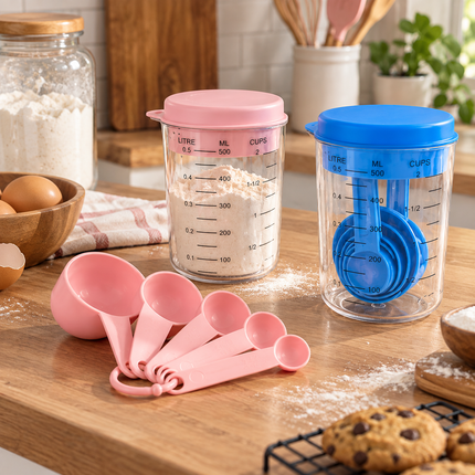 Exclusivo Tienda en linea 💥💎2 Vaso Medidor con Cucharas Medidoras Azul/Rosa $45 c/u