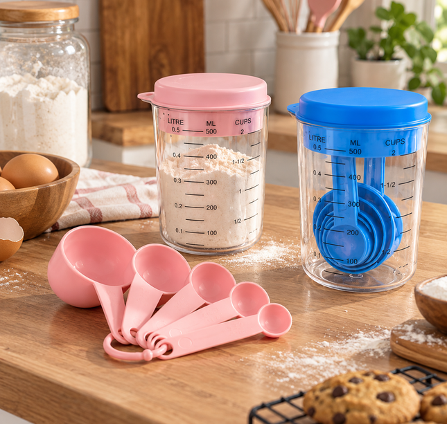Exclusivo Tienda en linea 💥💎2 Vaso Medidor con Cucharas Medidoras Azul/Rosa $45 c/u