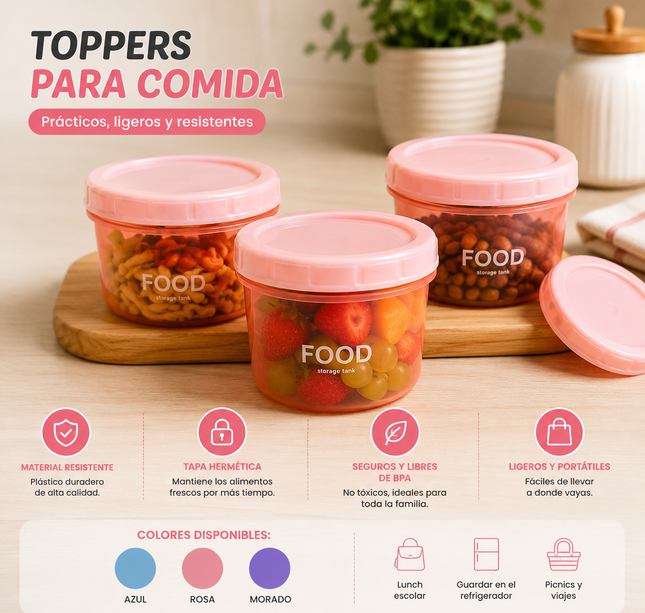 Exclusivo Tienda en linea 💥💎3 Set de 3 Toppers con Tapa para Comida Colores $40 c/u