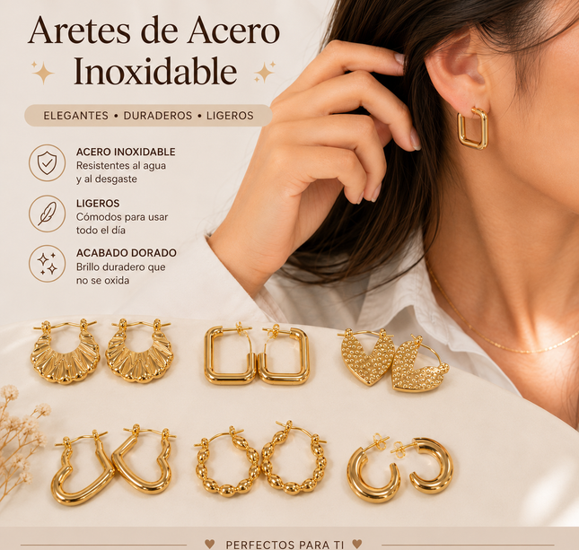 12 Aretes de Acero Inoxidable Dorados Moda $14.5 c/u