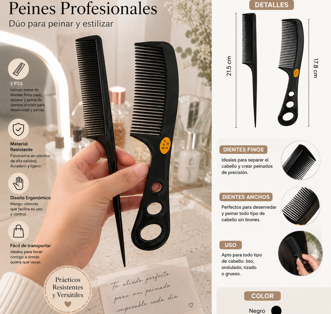 12 Duos de Peines para Cabello Dos tamaños Negros $4.5 c/u