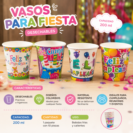 6 Sets de 10 Vasos Feliz Cumpleaños $23 c/u