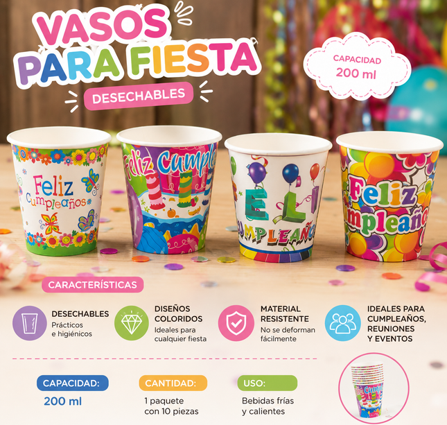 6 Sets de 10 Vasos Feliz Cumpleaños $23 c/u