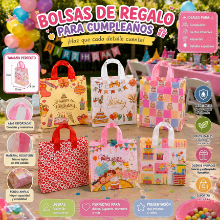 12 Bolsas Reutilizables Feliz Cumpleaños Decoradas $6.5 c/u