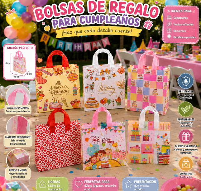 12 Bolsas Reutilizables Feliz Cumpleaños Decoradas $6.5 c/u