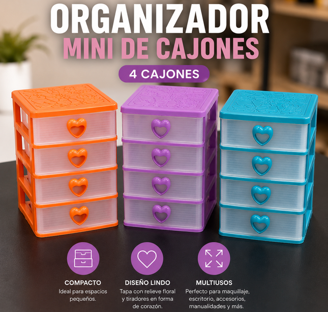 Exclusivo Tienda en linea 💥💎3 Organizador Mini de 4 Cajones Corazón Transparentes $45 c/u