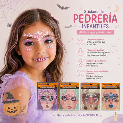 12 Sticker de Pedreria Halloween para Rostro Infantiles $6.9 c/u