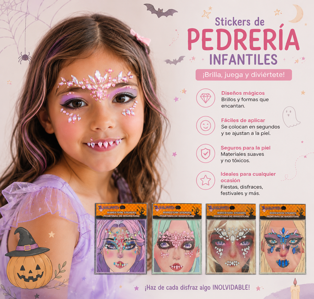 12 Sticker de Pedreria Halloween para Rostro Infantiles $6.9 c/u