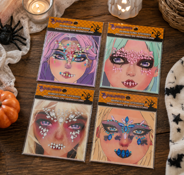 12 Sticker de Pedreria Halloween para Rostro Infantiles $6.9 c/u