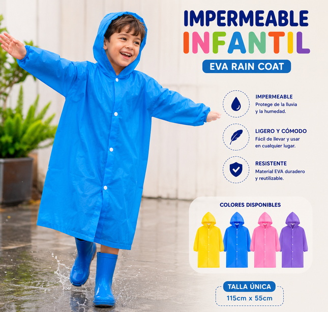 6 Impermeable "EVA RAIN" Infantil Reforzado con Gorro $24 c/u