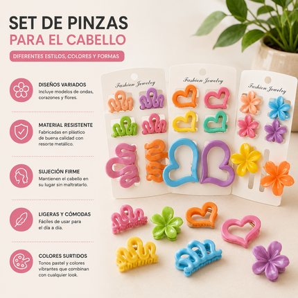 12 Sets de Pinzas para el Cabello Figuras hermosas $7.9 c/u