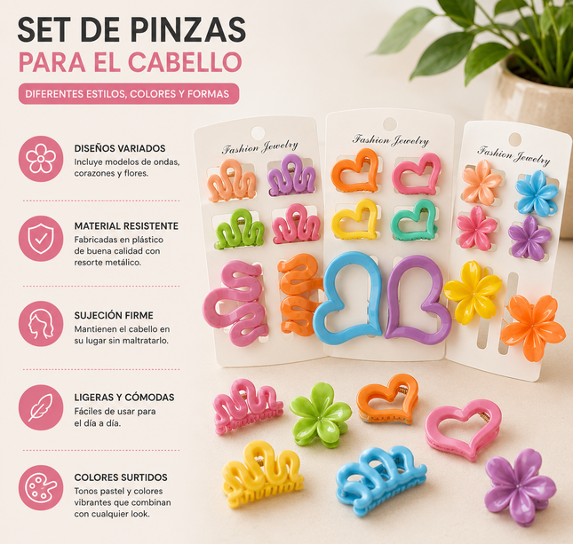 12 Sets de Pinzas para el Cabello Figuras hermosas $7.9 c/u