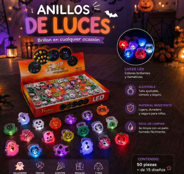 50 Anillos Halloween con Luces y Figura 3D $2.5 c/u